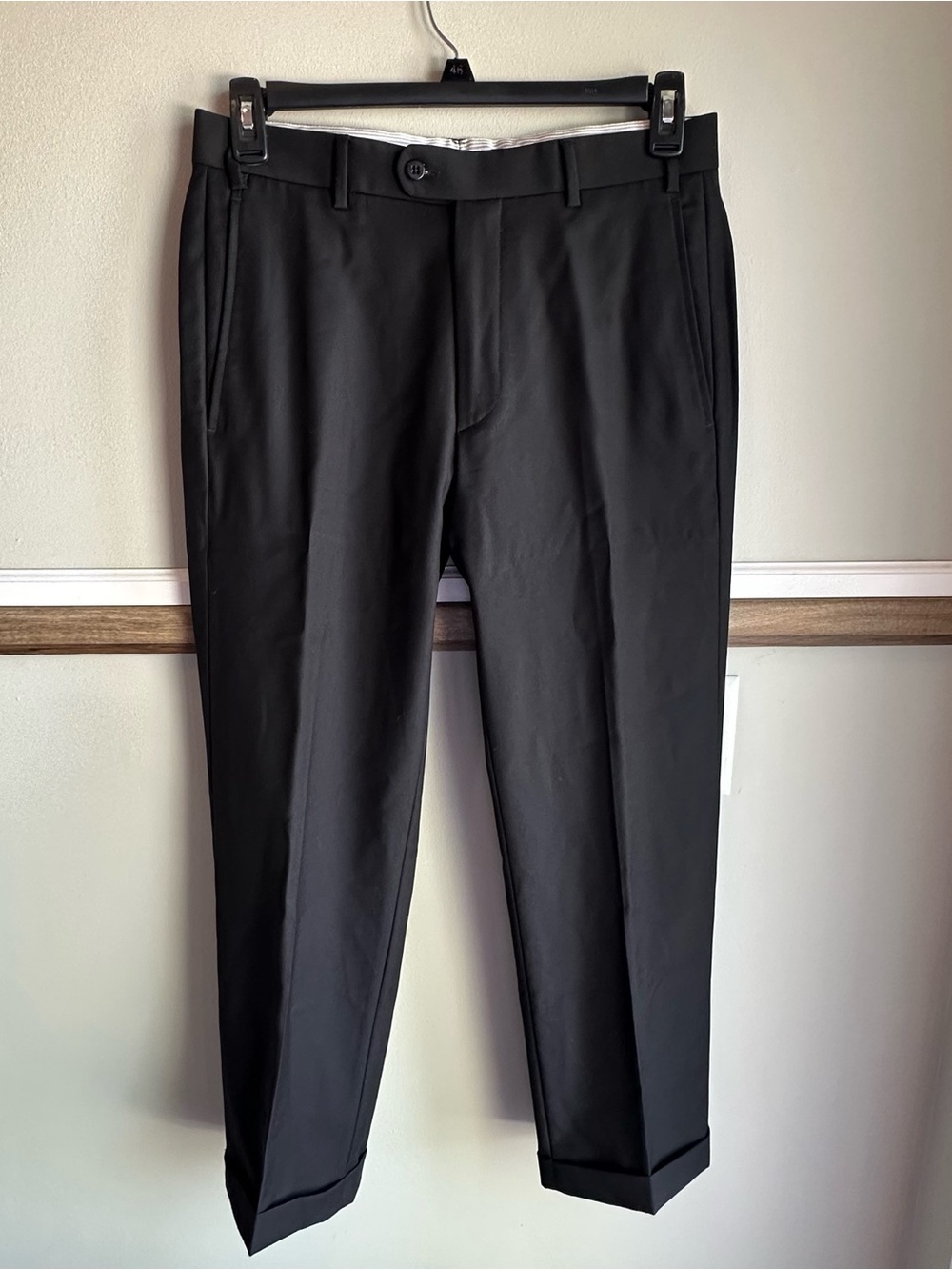 Zanella Todd Flat Front Dress Pants Black 100% Wool Cuffed Italy